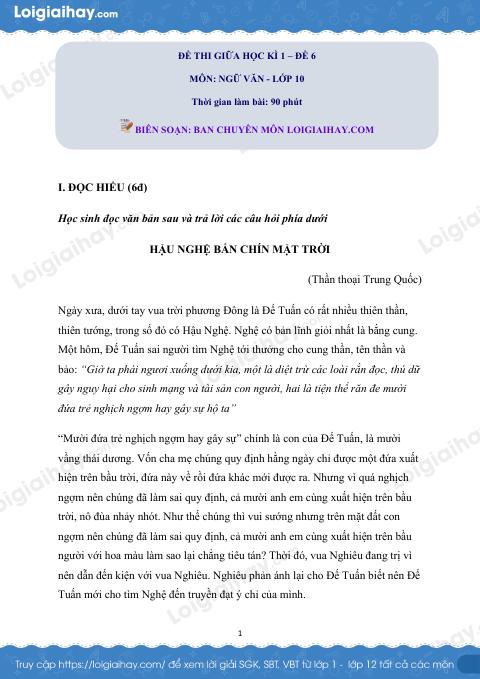 Đề thi giữa kì 1 Văn 10 Cánh diều - Đề số 6